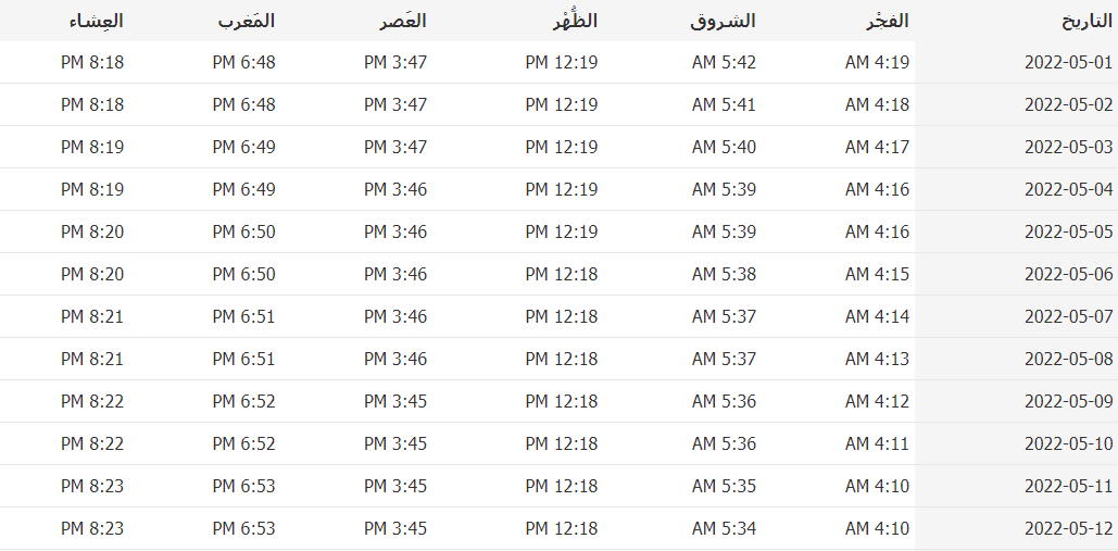 مواقيت الصلاة في الشارقة مايو 2022